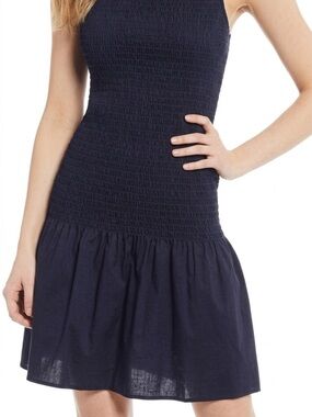 Gianni Bini Madeline Navy Smocked Drop Waist Mini Dress L